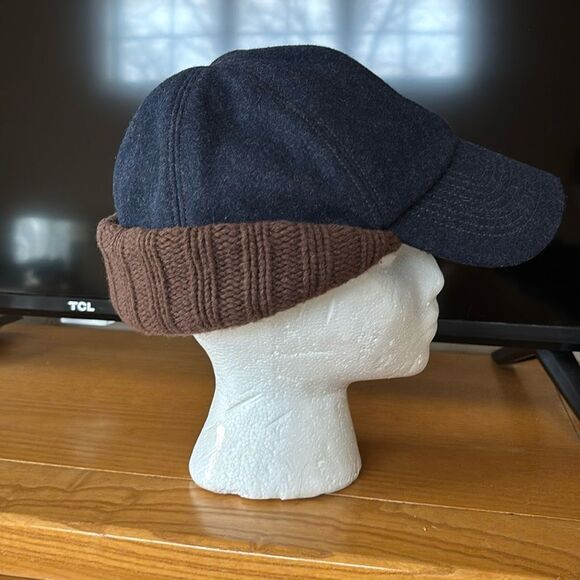 Ear-Flap Hat Blue Wool brown cableknit plaid flannel lined S/M Gap Vintage - Picture 4 of 12